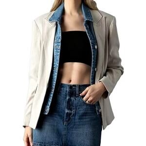 Blue Revival – Dual-Fabric Blazer – Sand with Denim Collar Insert – Size Small